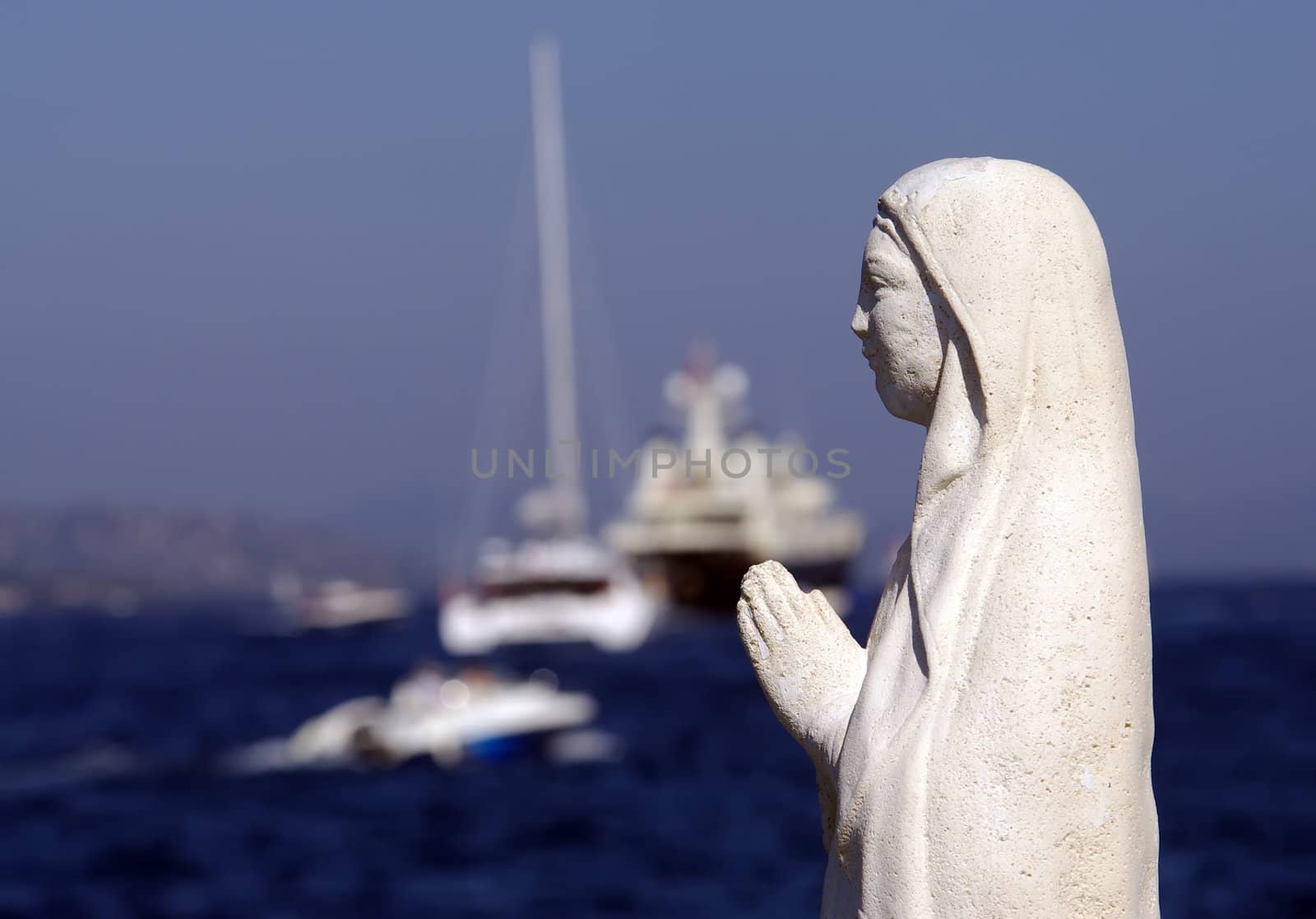 Mother of God statue in Saint Tropez, sea coast