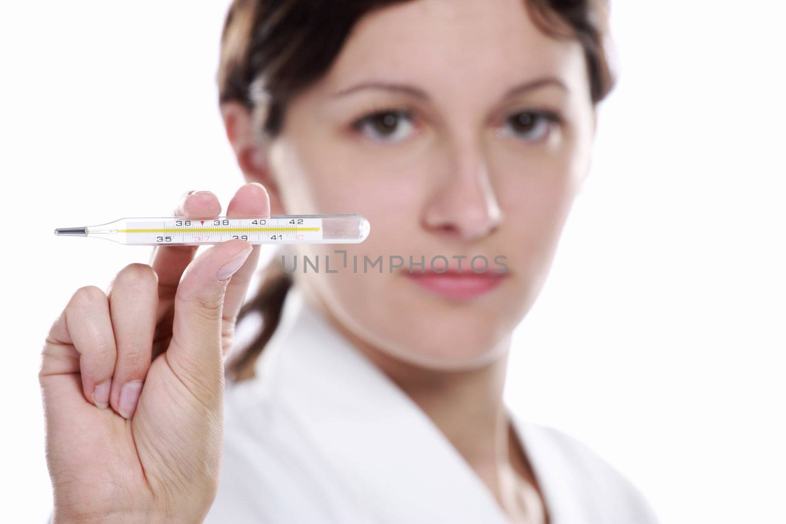 Doctor or nurse with thermometer on white background.