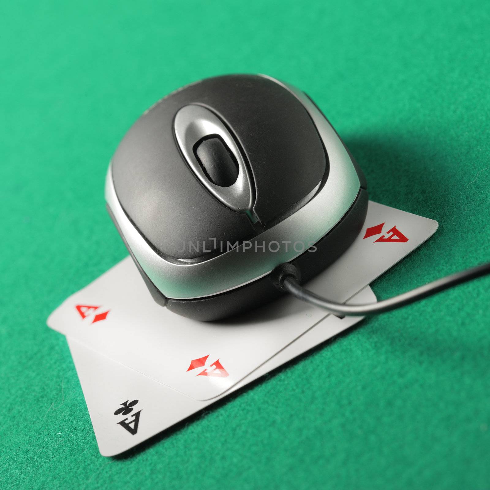 Computer mouse on top of a pair of aces