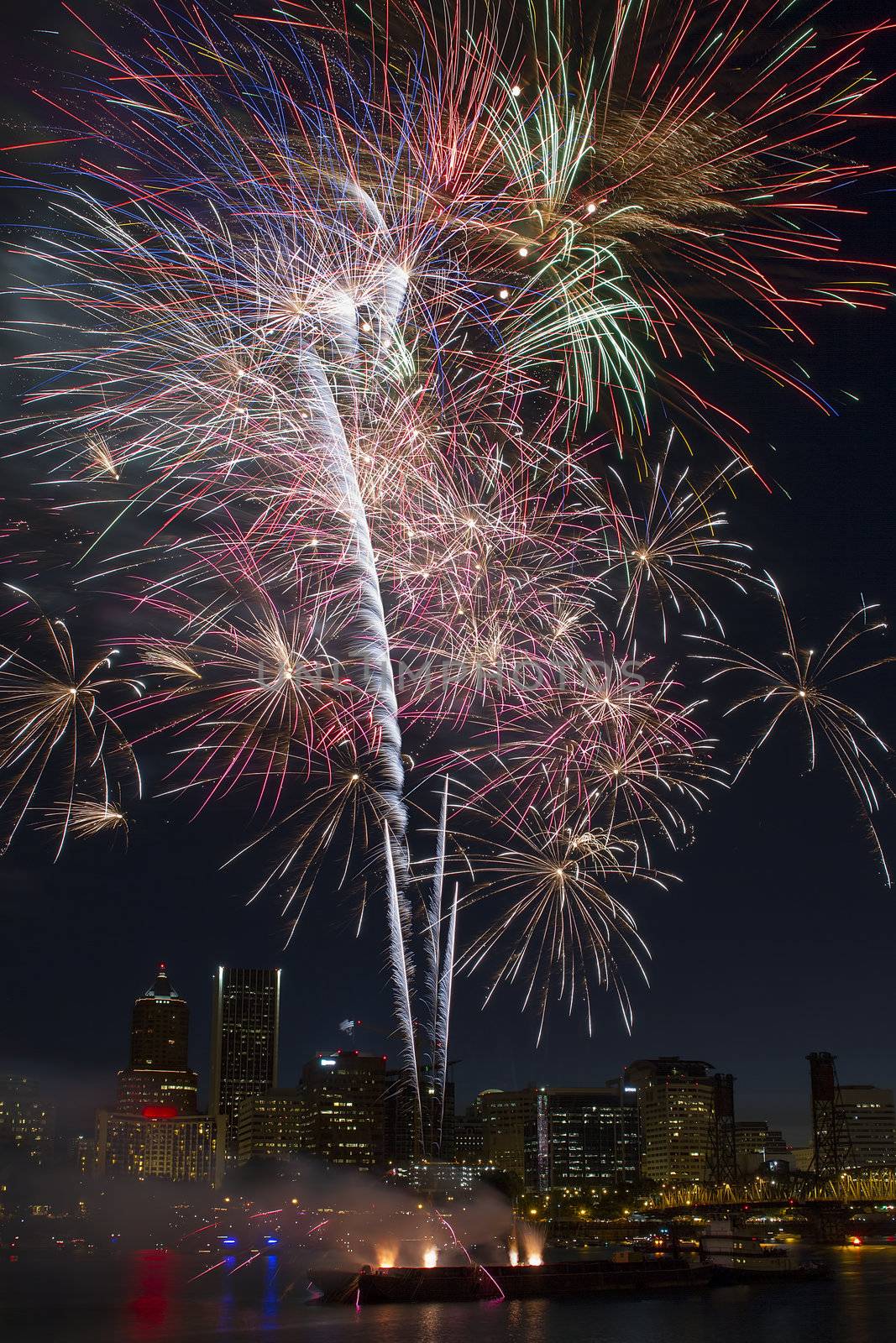 Multi-Color Fireworks Display Over Portland Oregon Skyline by jpldesigns