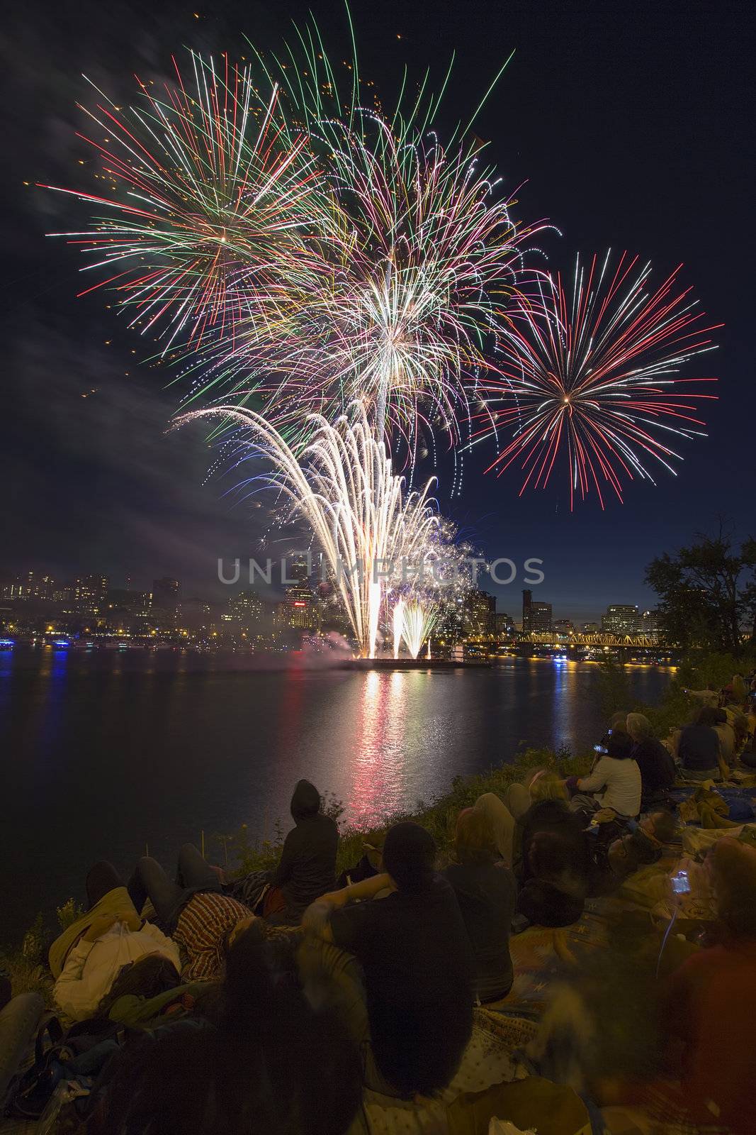 People Watching Fireworks by the River in Portland Oregon Vertic by jpldesigns