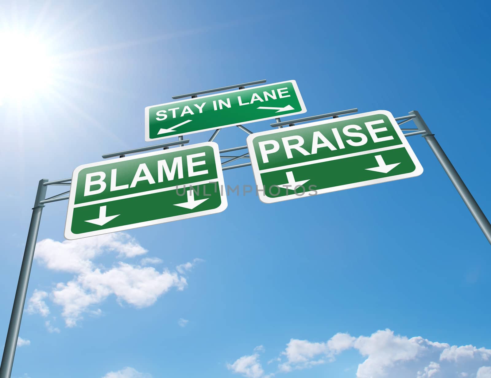 Illustration depicting a highway gantry sign with a praise or blame concept. Blue sky background.