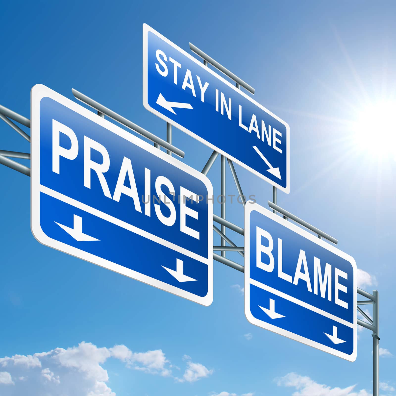 Illustration depicting a highway gantry sign with a praise or blame concept. Blue sky background.