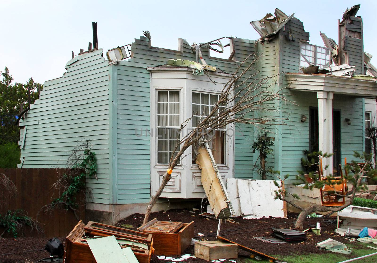 House damaged by disaster. Scenery for cinema
