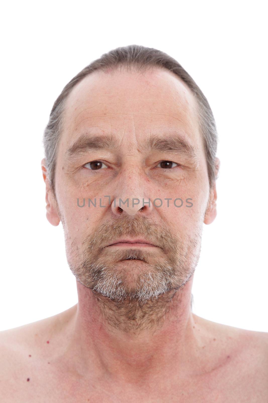 Close up portrait of middle aged man isolated on white