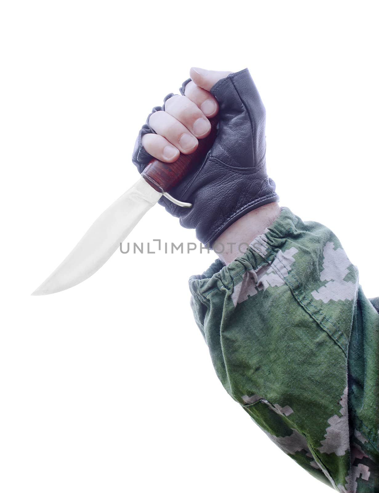 A knife in a man's hand on a white background