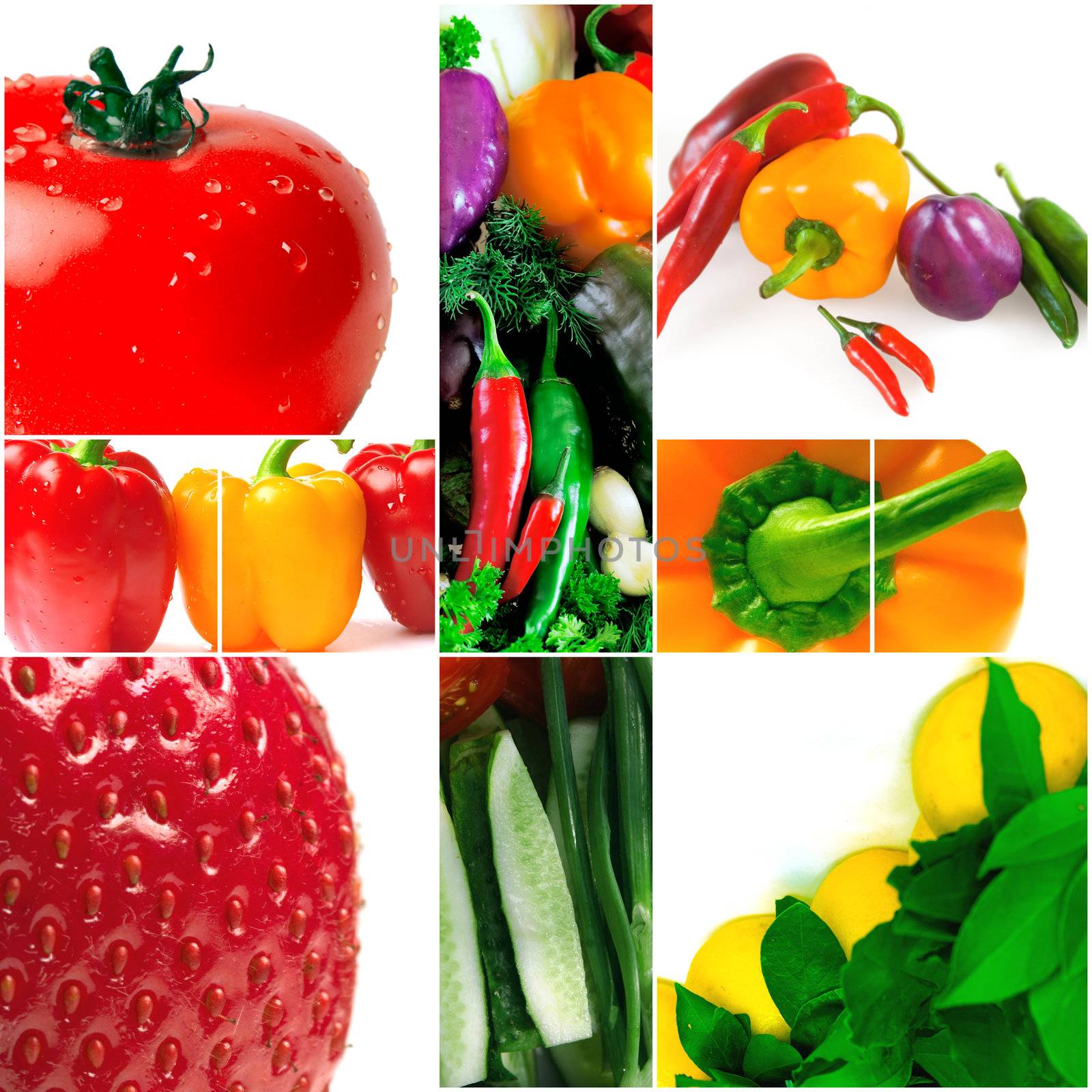 bright and colorful fruit and vegetables on white background