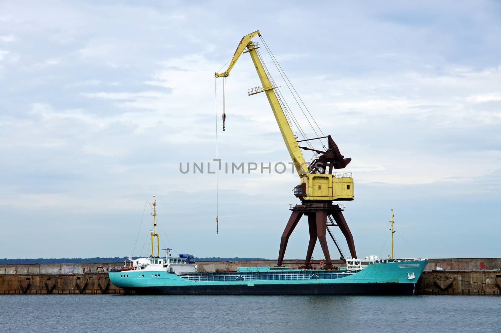 The cargoship and the crane on a background of the  sky