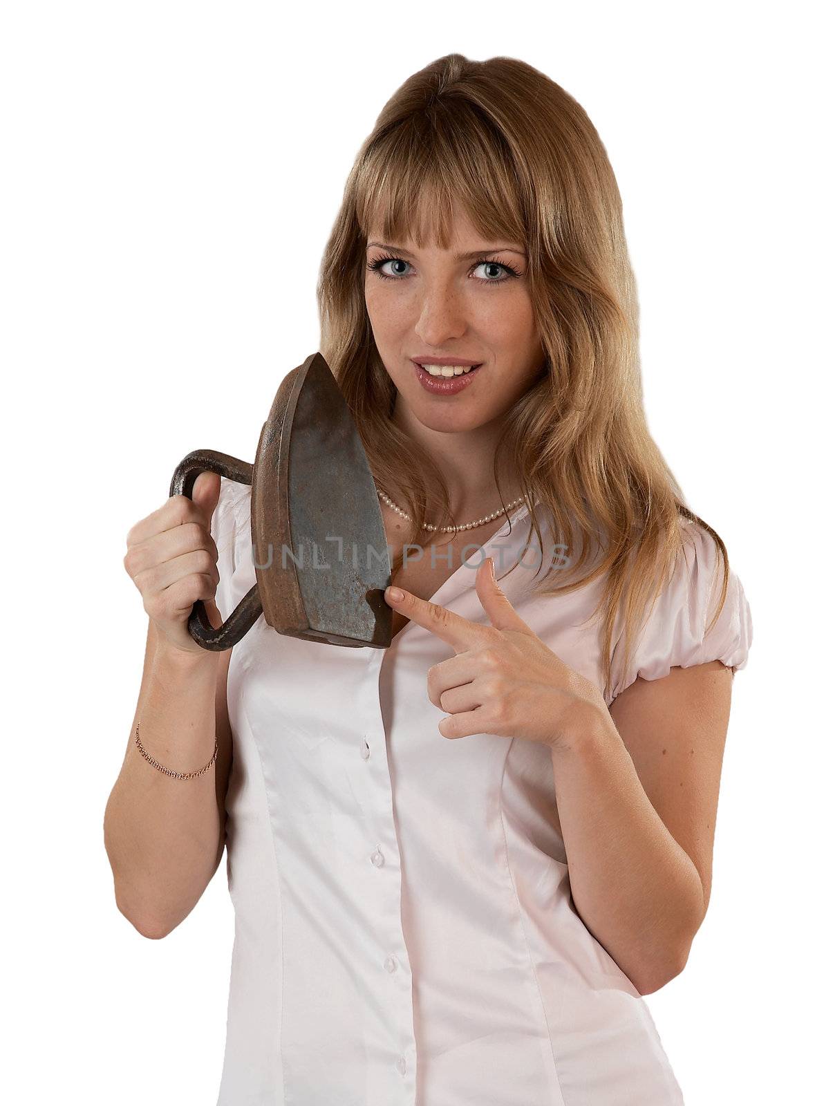 The girl with an ancient iron on a white background