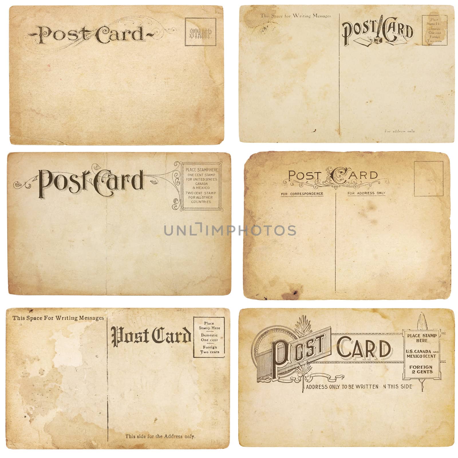 Six Vintage Unstamped Post Cards by Em3