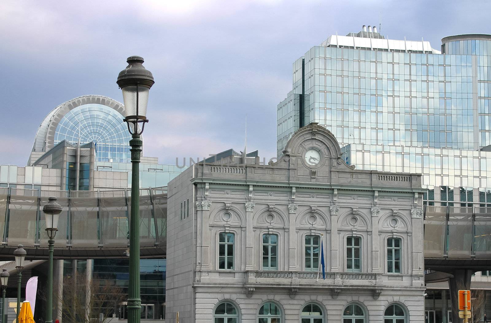 Old and new buildings of European Parliament in Brussels. Belgium