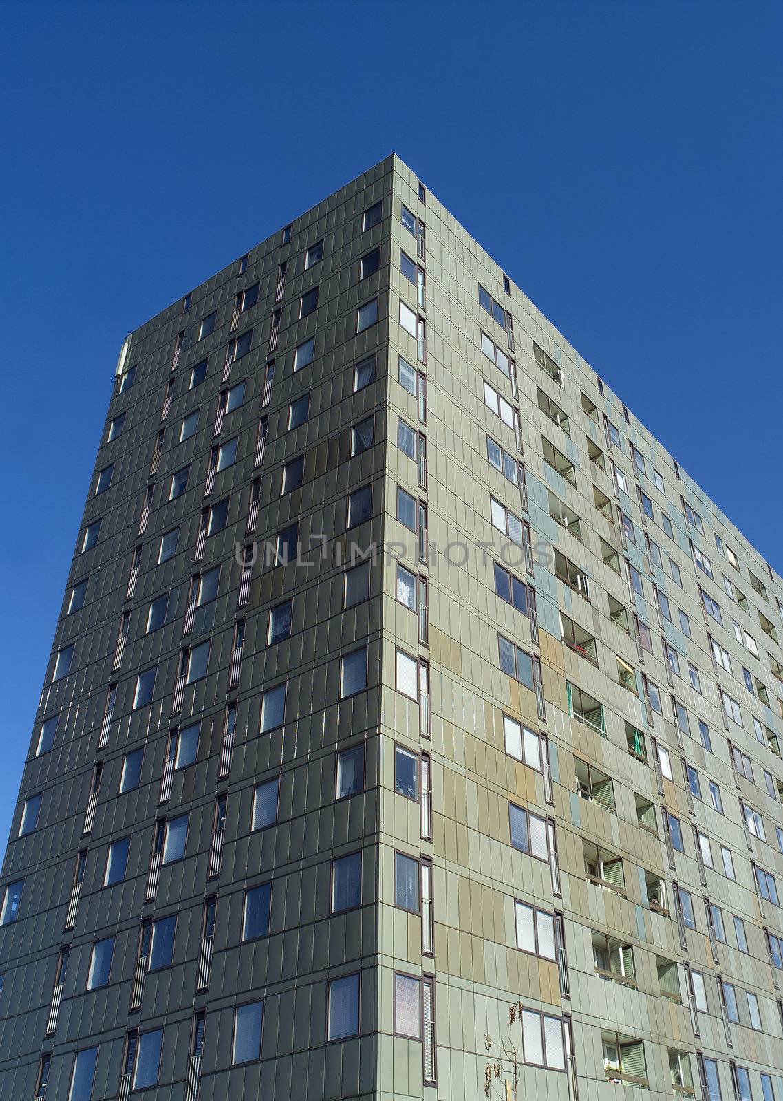 Skyscraper in sunlight towards blue sky