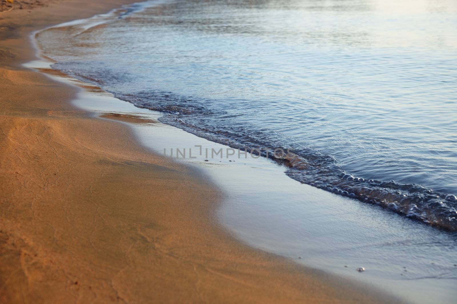 Sea coastline with wet sand. Natural vibrant colors and sunlight