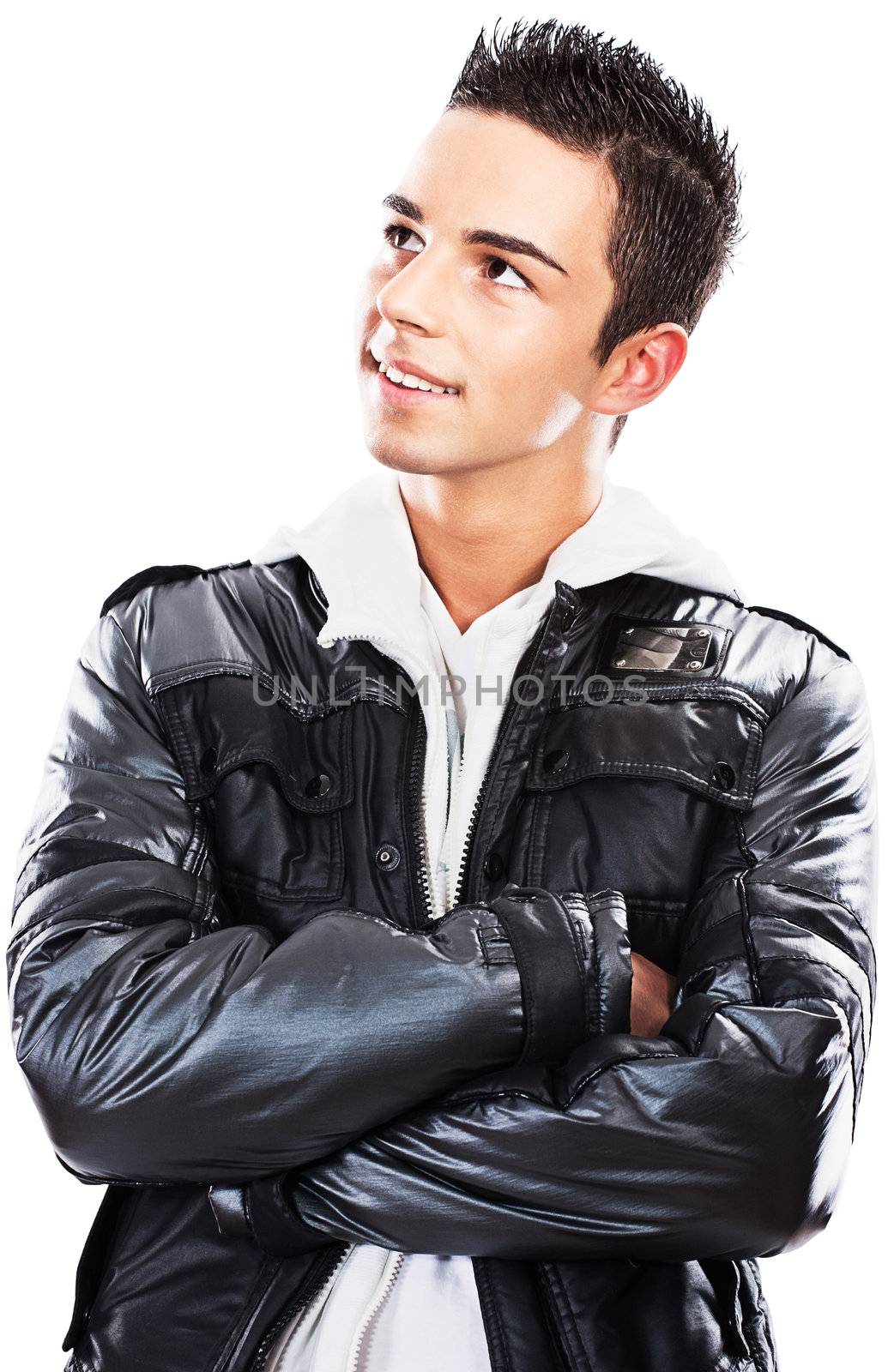 Portrait of a young handsome man in black jacket, isolated on white