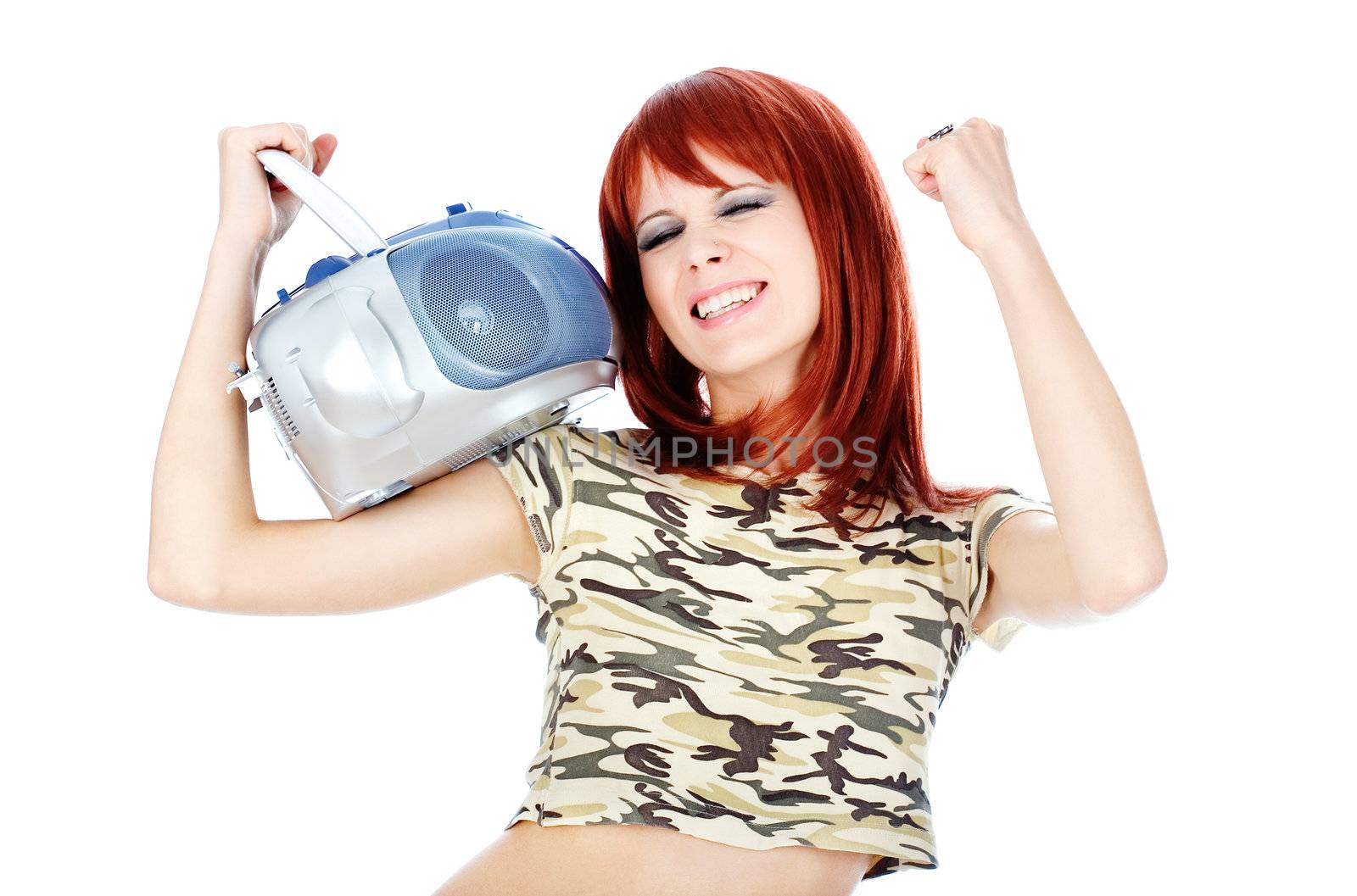 Red hair pretty girl in a good feeling, listening the music. Isolated on white background