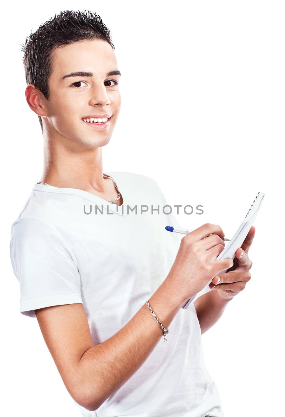 young handsome man taking notes, isolated on white background