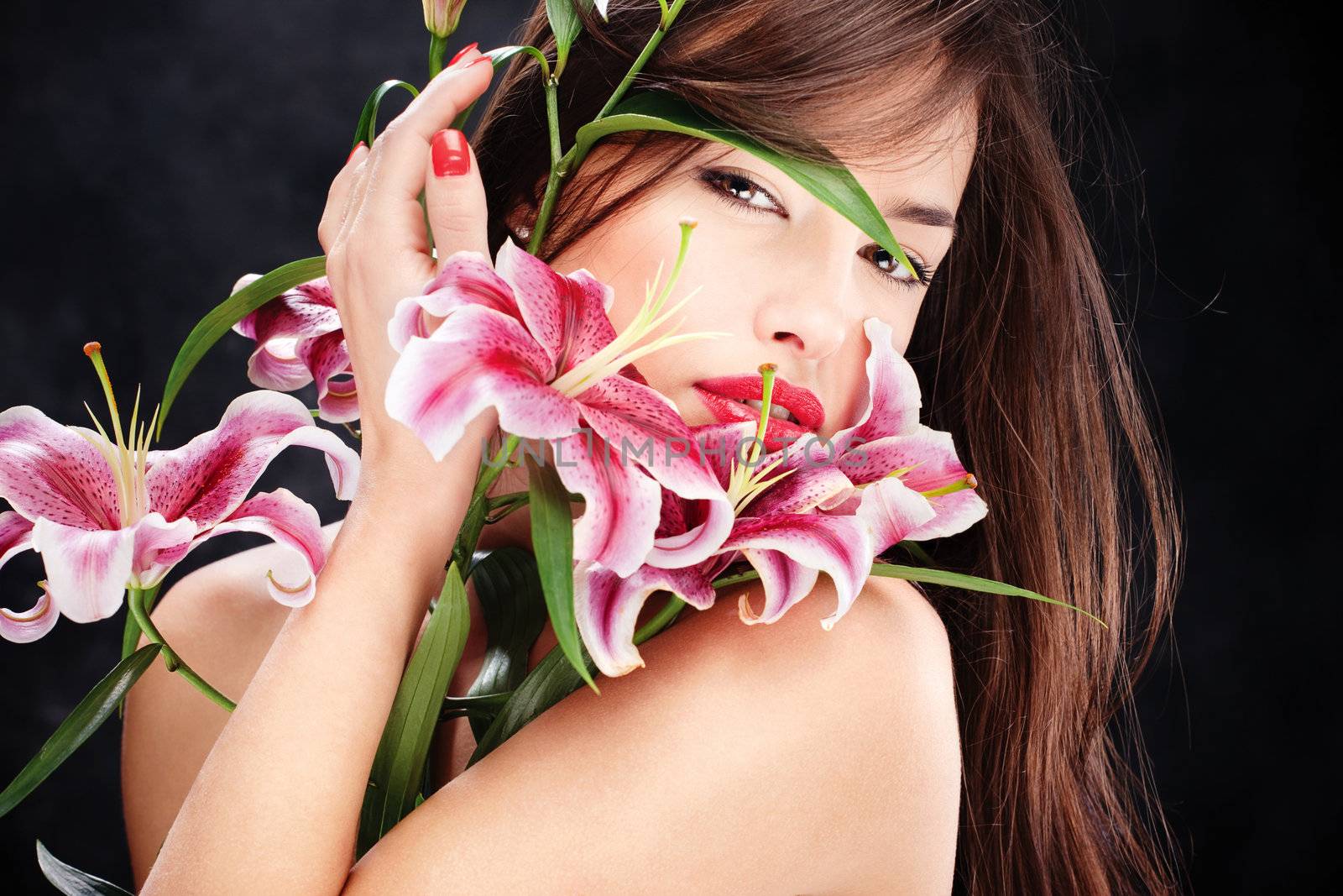 Pretty long hair woman with oriental flowers