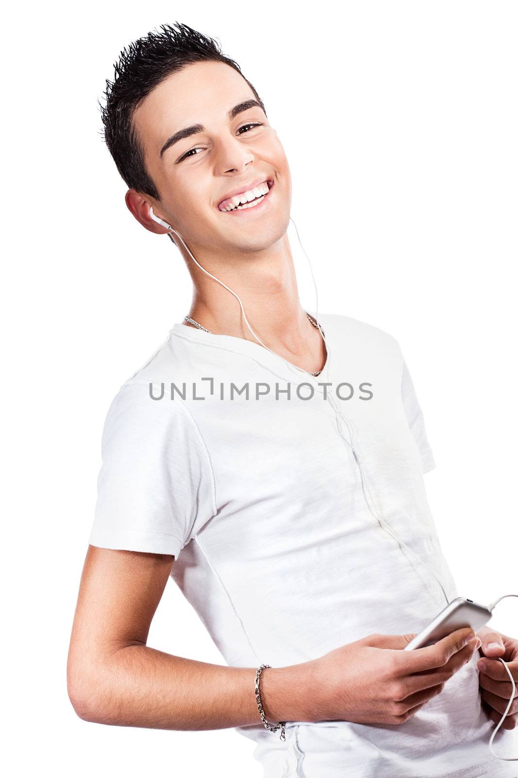 young man with headphones listening music, isolated on white background