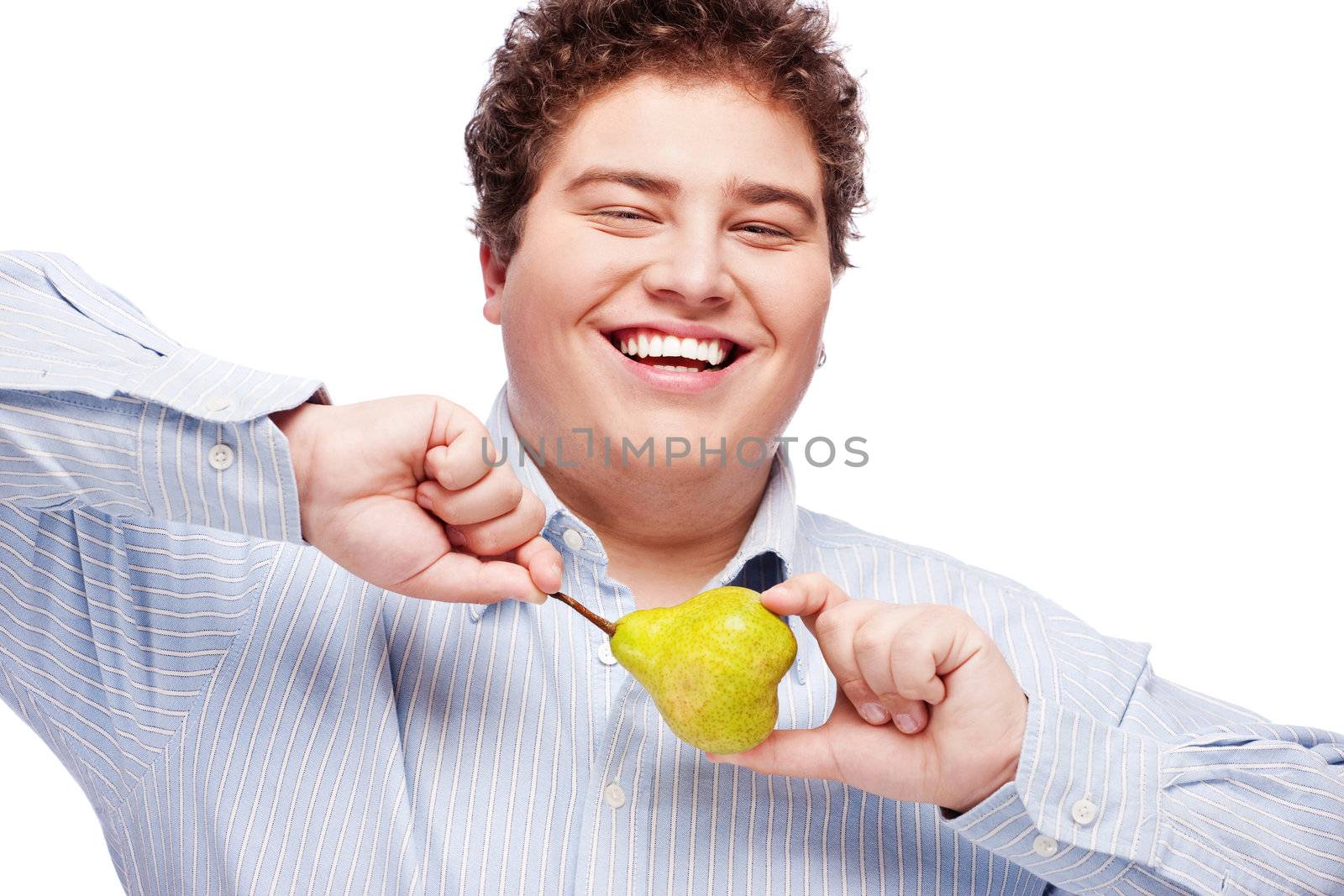 Happy chubby man holding pear, isolated on white