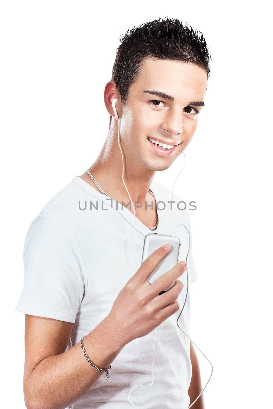 young man with headphones listening music, isolated on white background