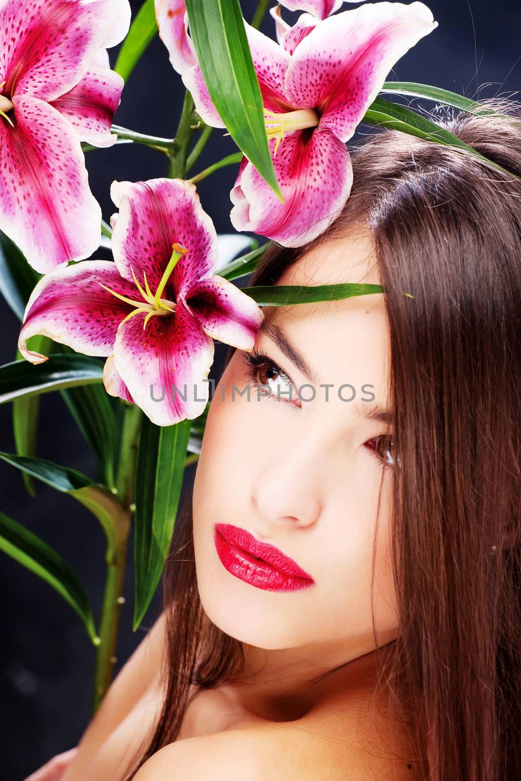 Pretty long hair woman with oriental flowers