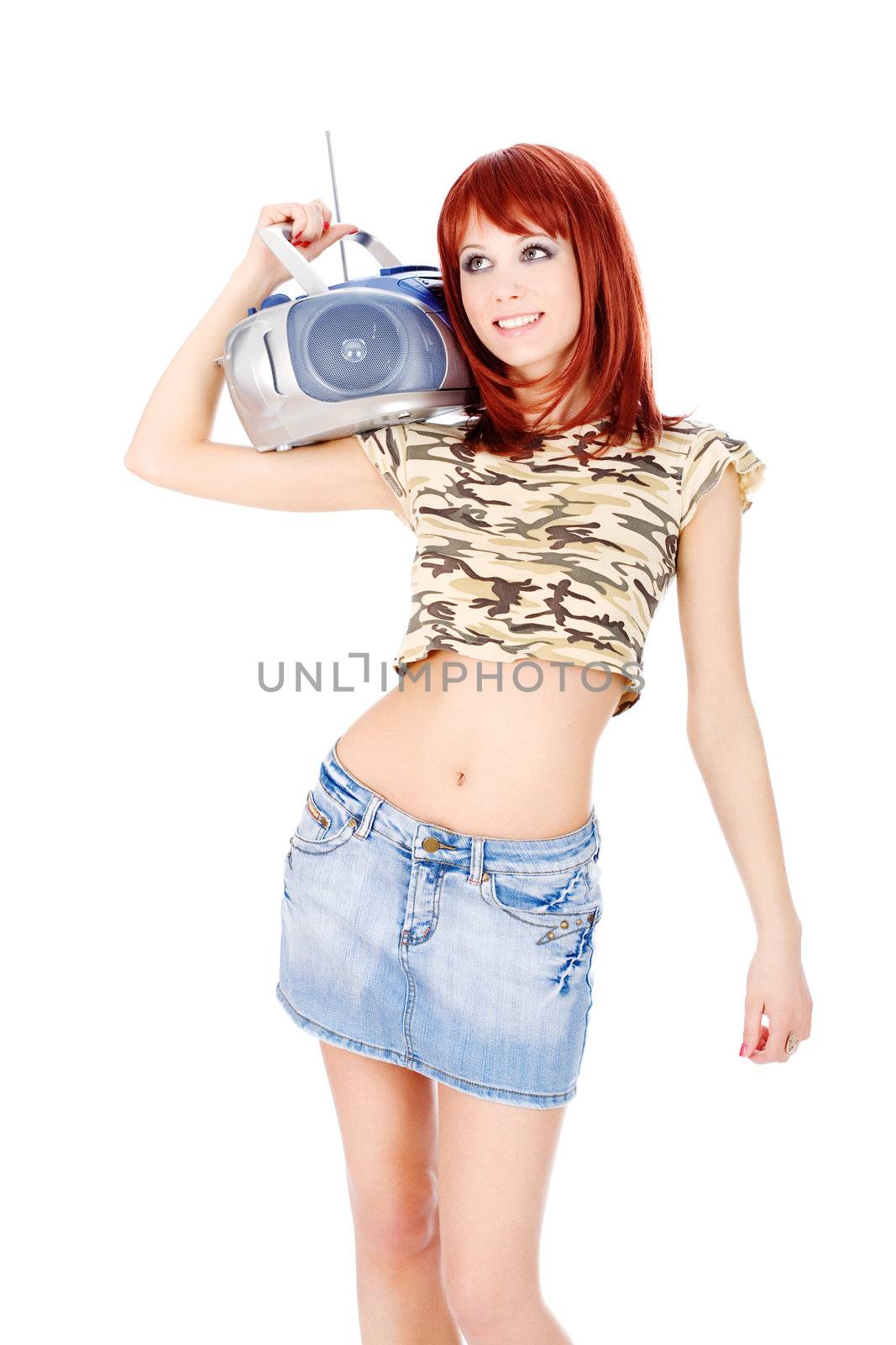 Handsome girl with radio on her shoulder. Isolated on white background