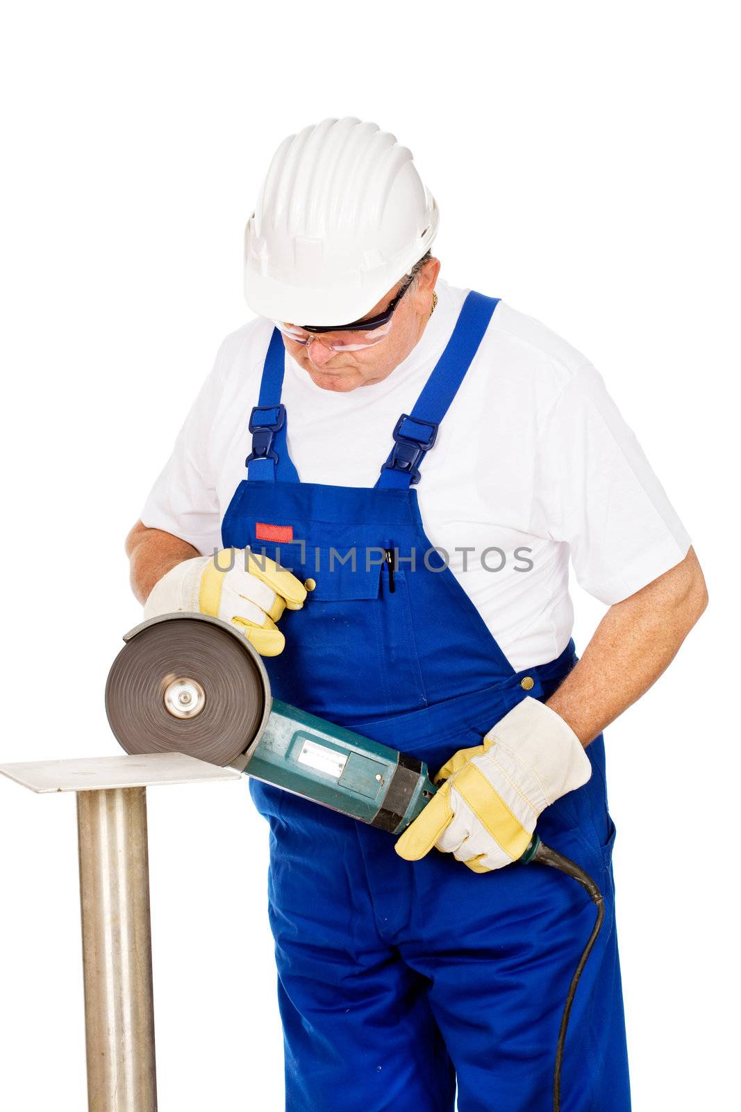 A worker grinding a chunk of iron, isolated on white background