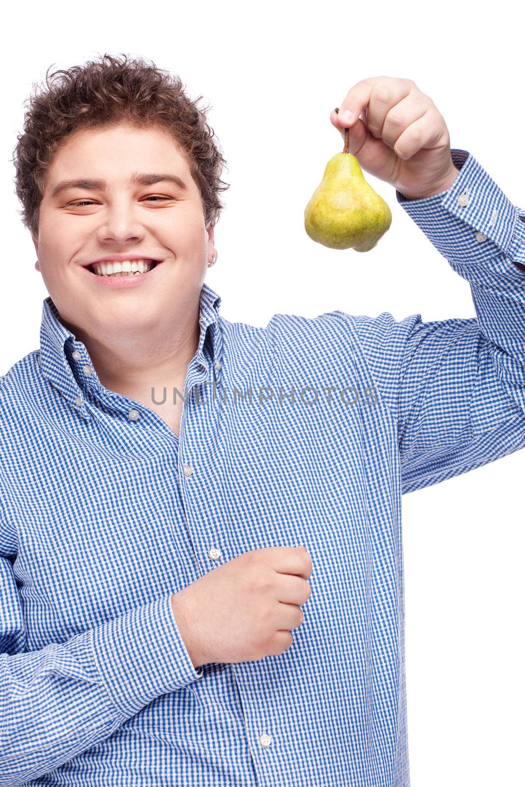 chubby man holding pear by imarin