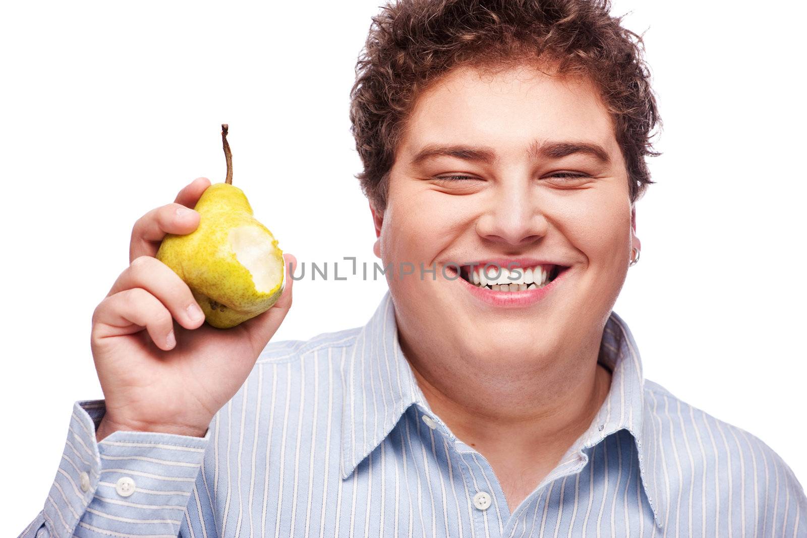 Happy chubby man holding pear, isolated on white