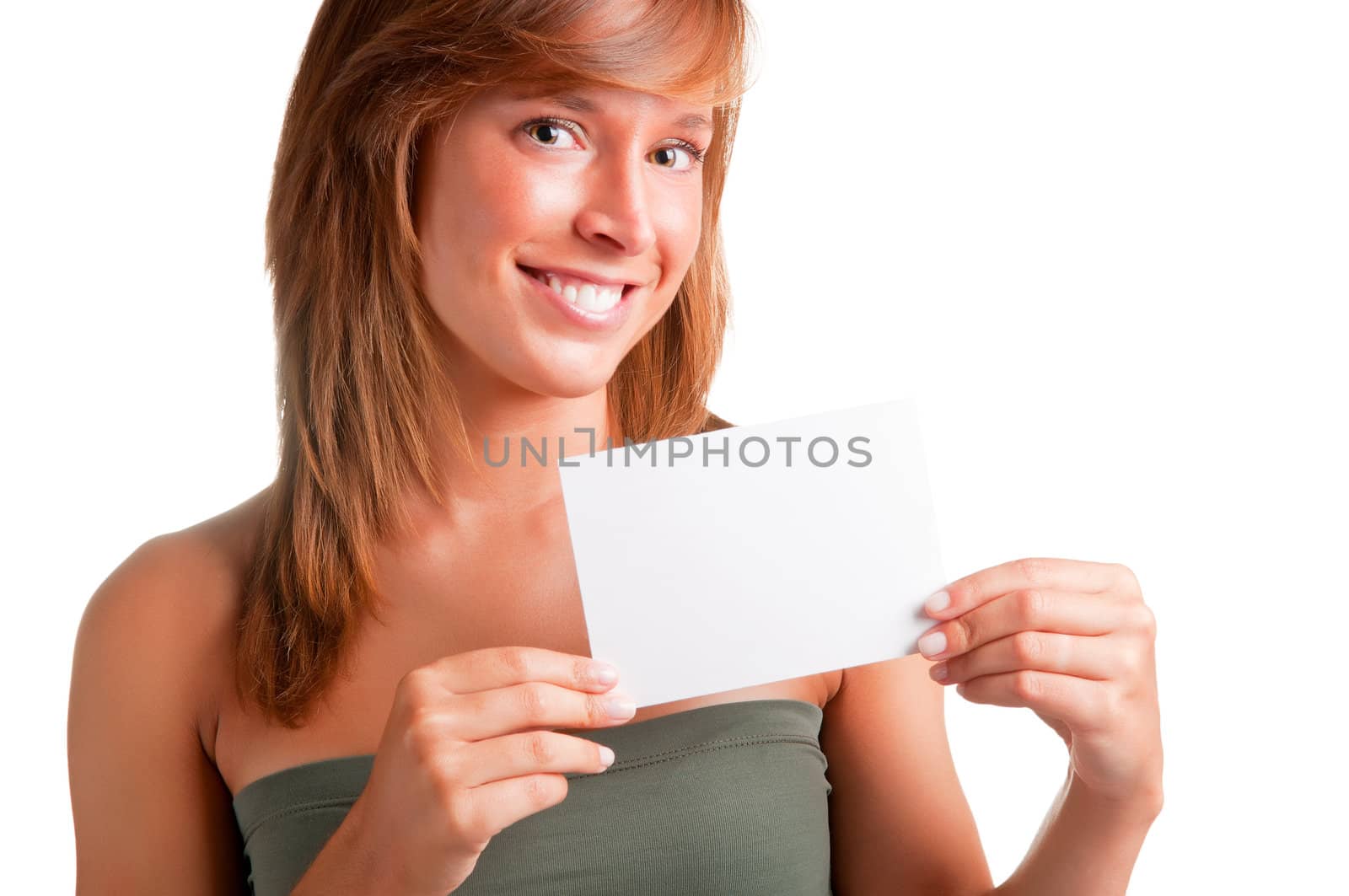 Young happy woman holding a blank business card on a white background