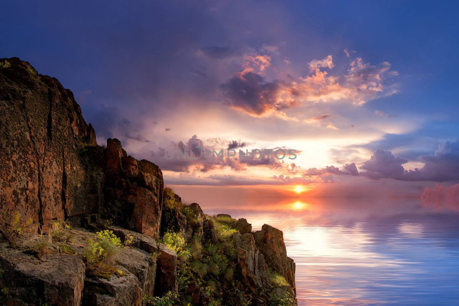 View from the rock on a colourful decline over the ocean, outdoors