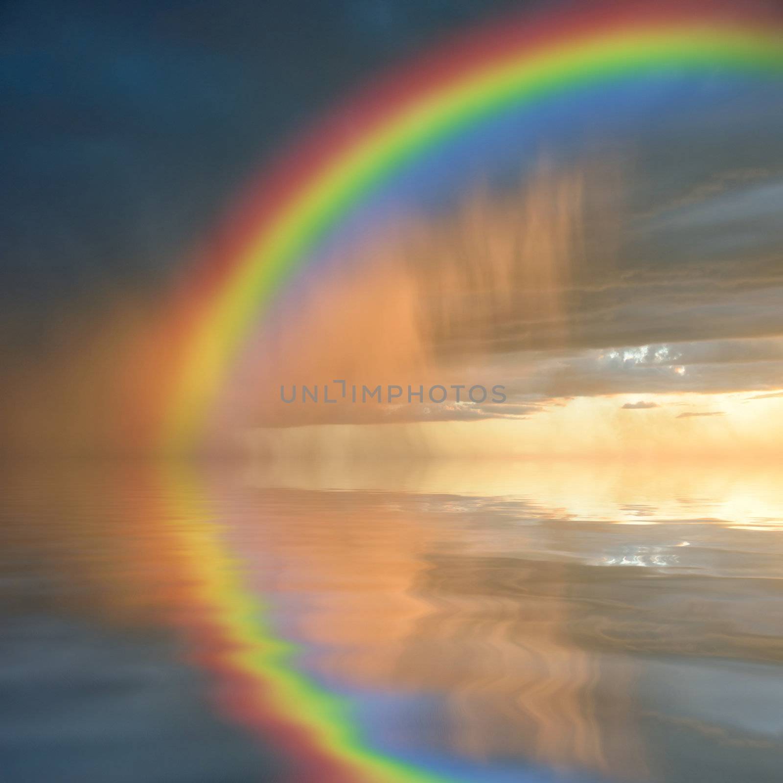 Colorful rainbow over water, thunderstorm with rain on background