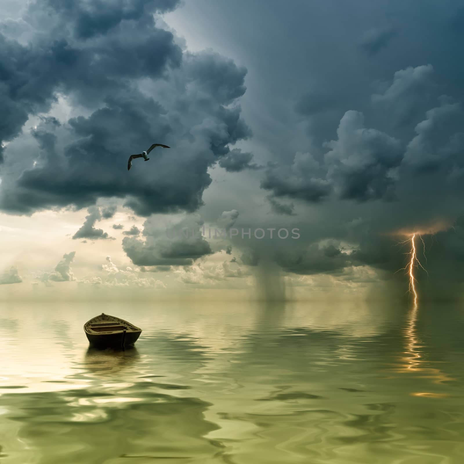 The lonely old boat at the ocean, comes nearer a thunder-storm with rain and lightning on background