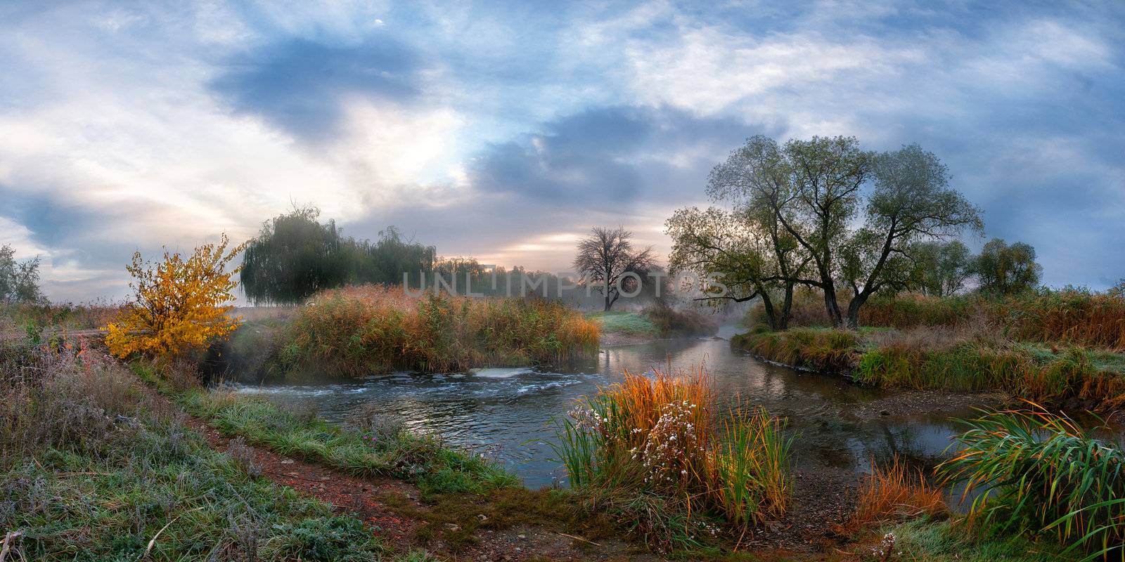 Autumn morning river with fog by firewings