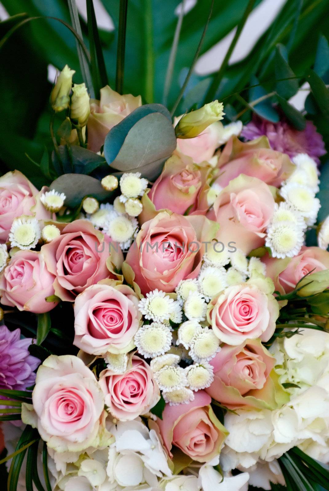 Wedding bouquet with pink roses closeup
