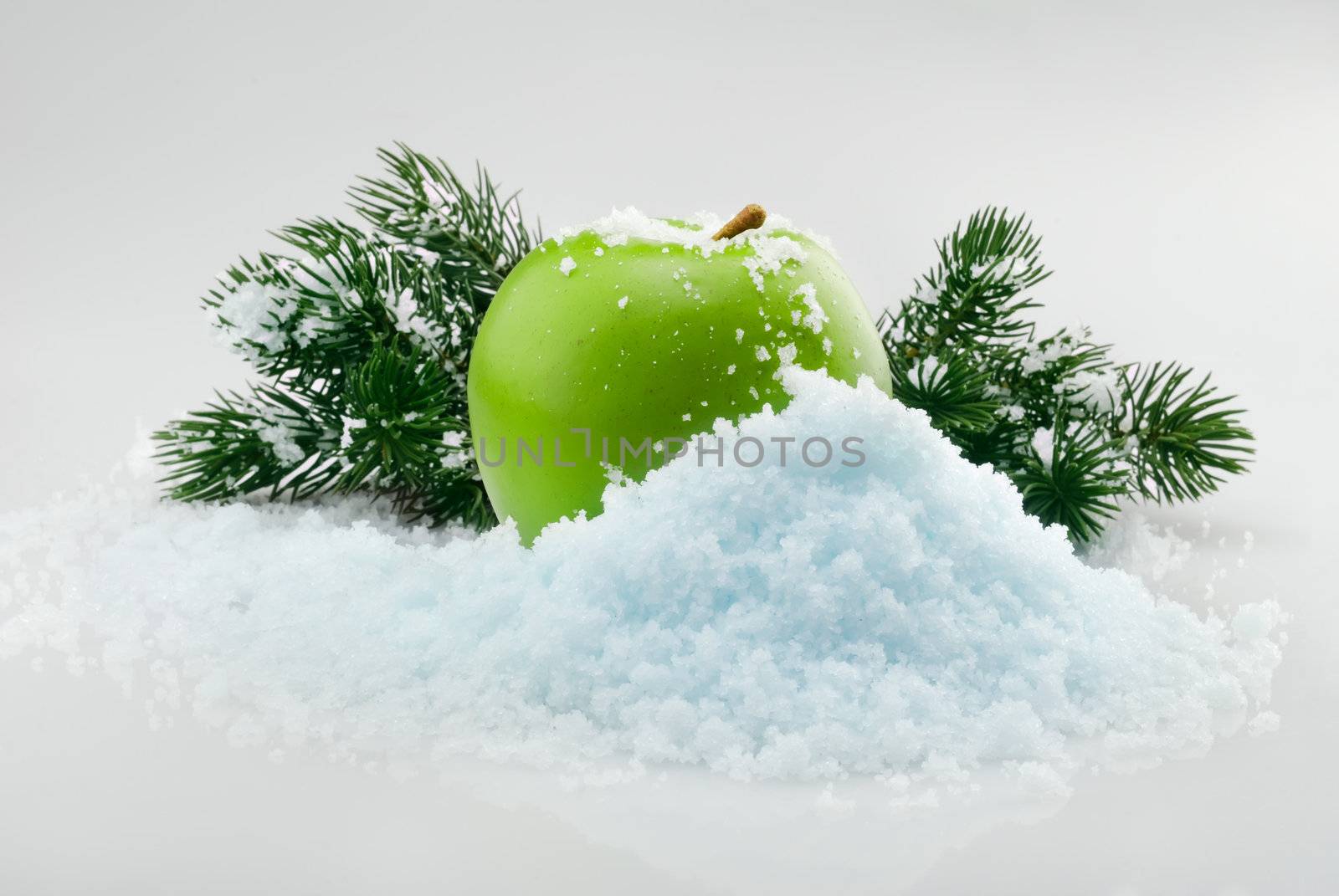 Green delicious Christmas apple in snow with christmas tree branches on the background