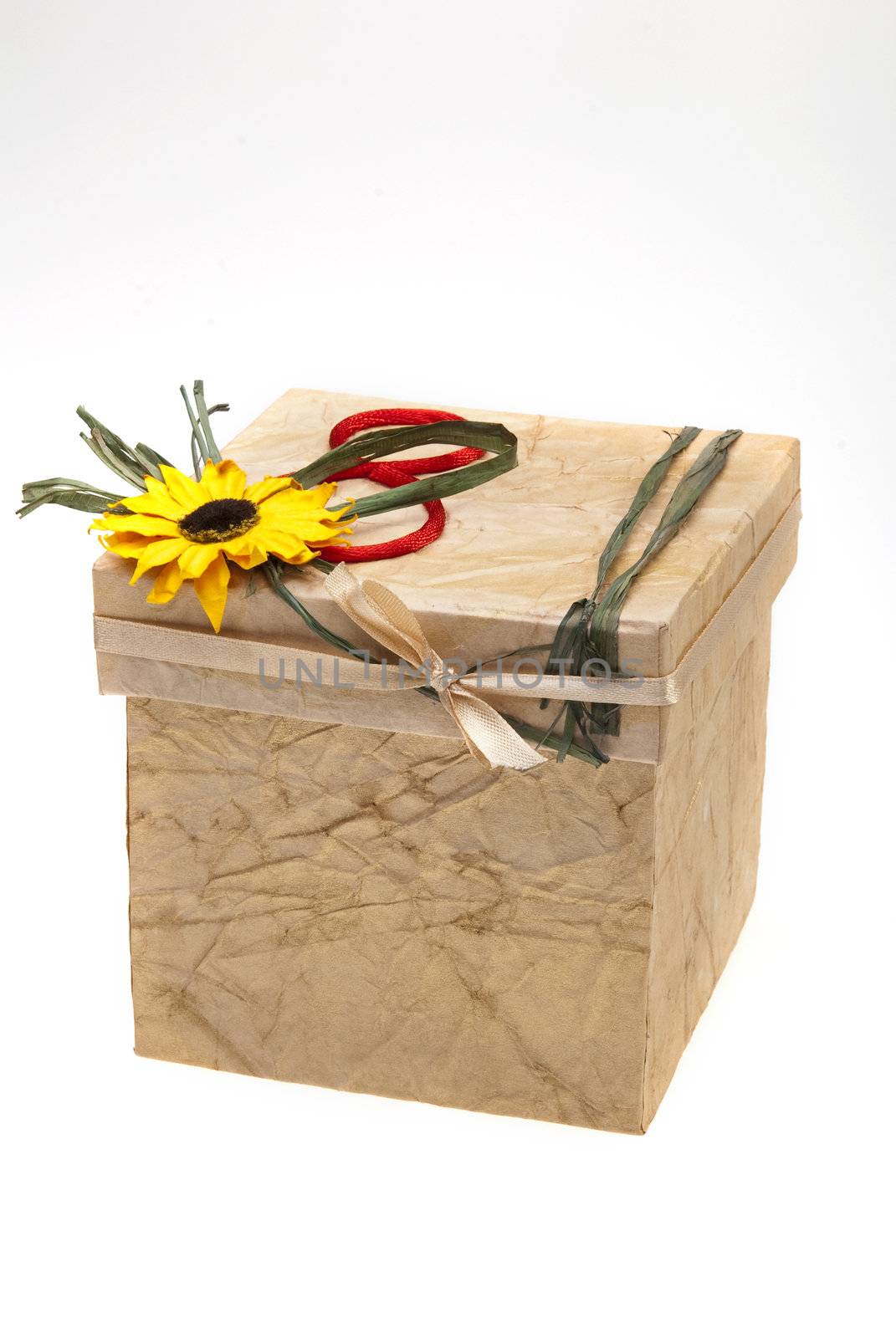 Gift box with number 8 and flower on cover, isolated on white background