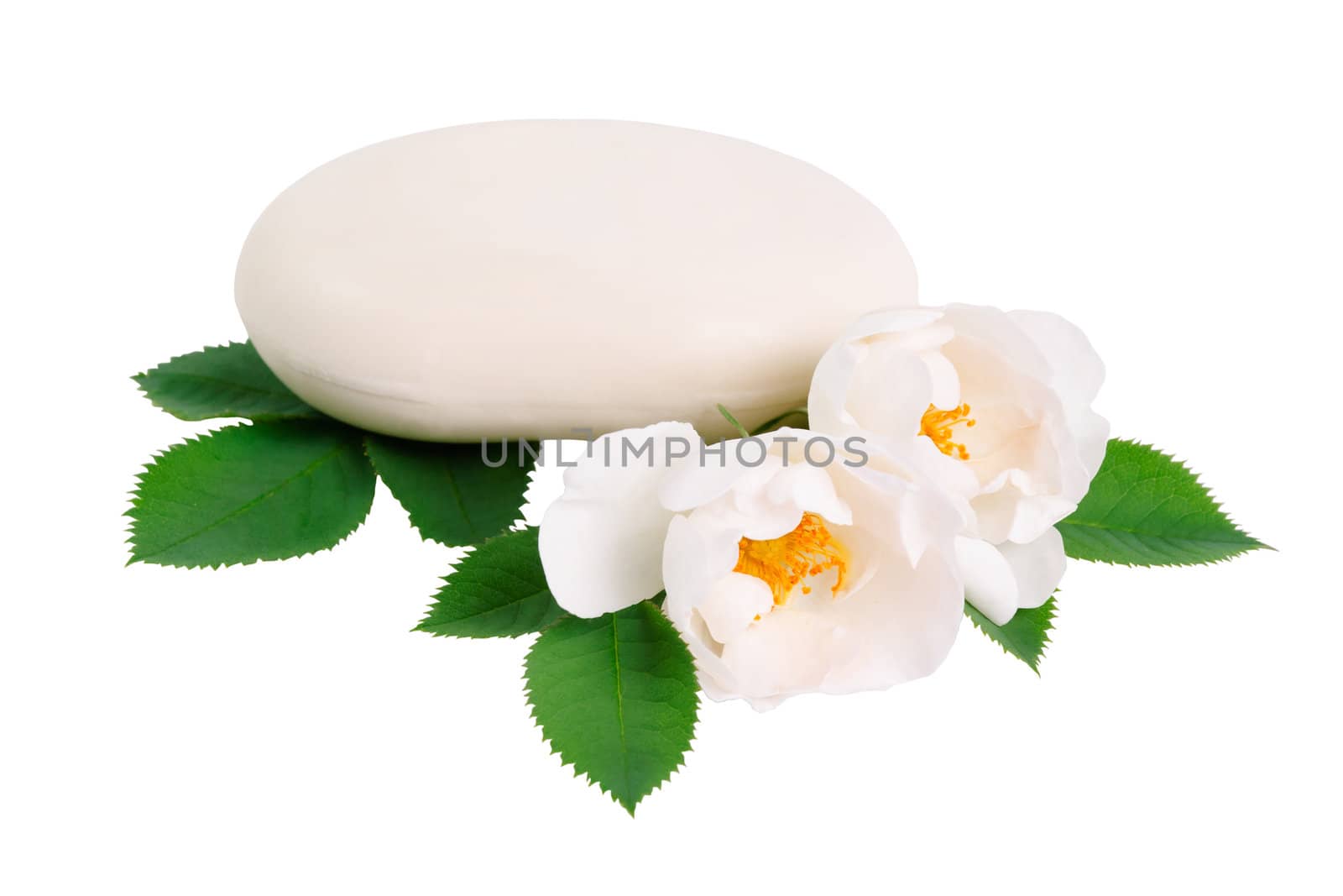 Natural soap and two rose flower isolated on white background