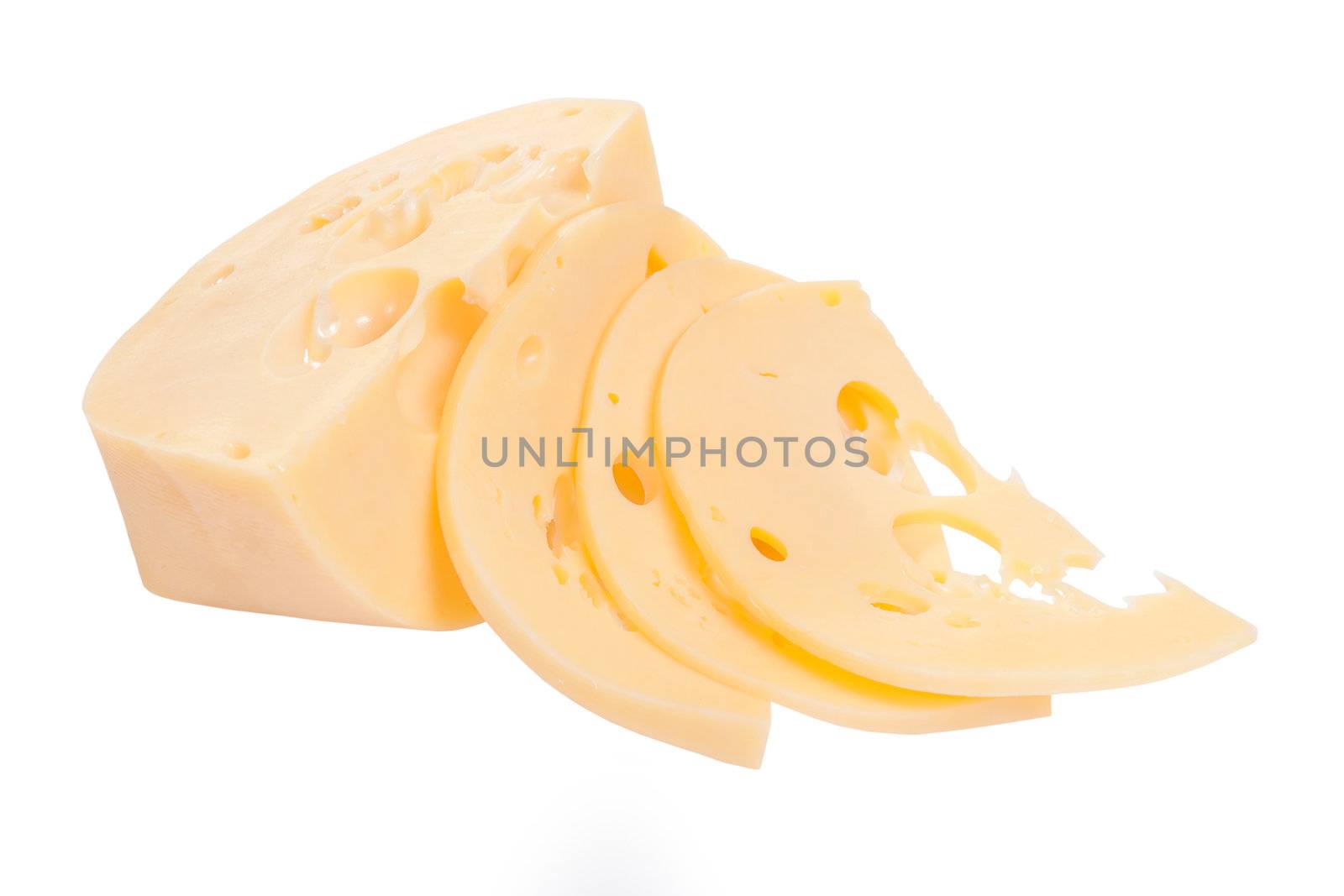 Big piece and sliced of cheese close isolated up on a white background
