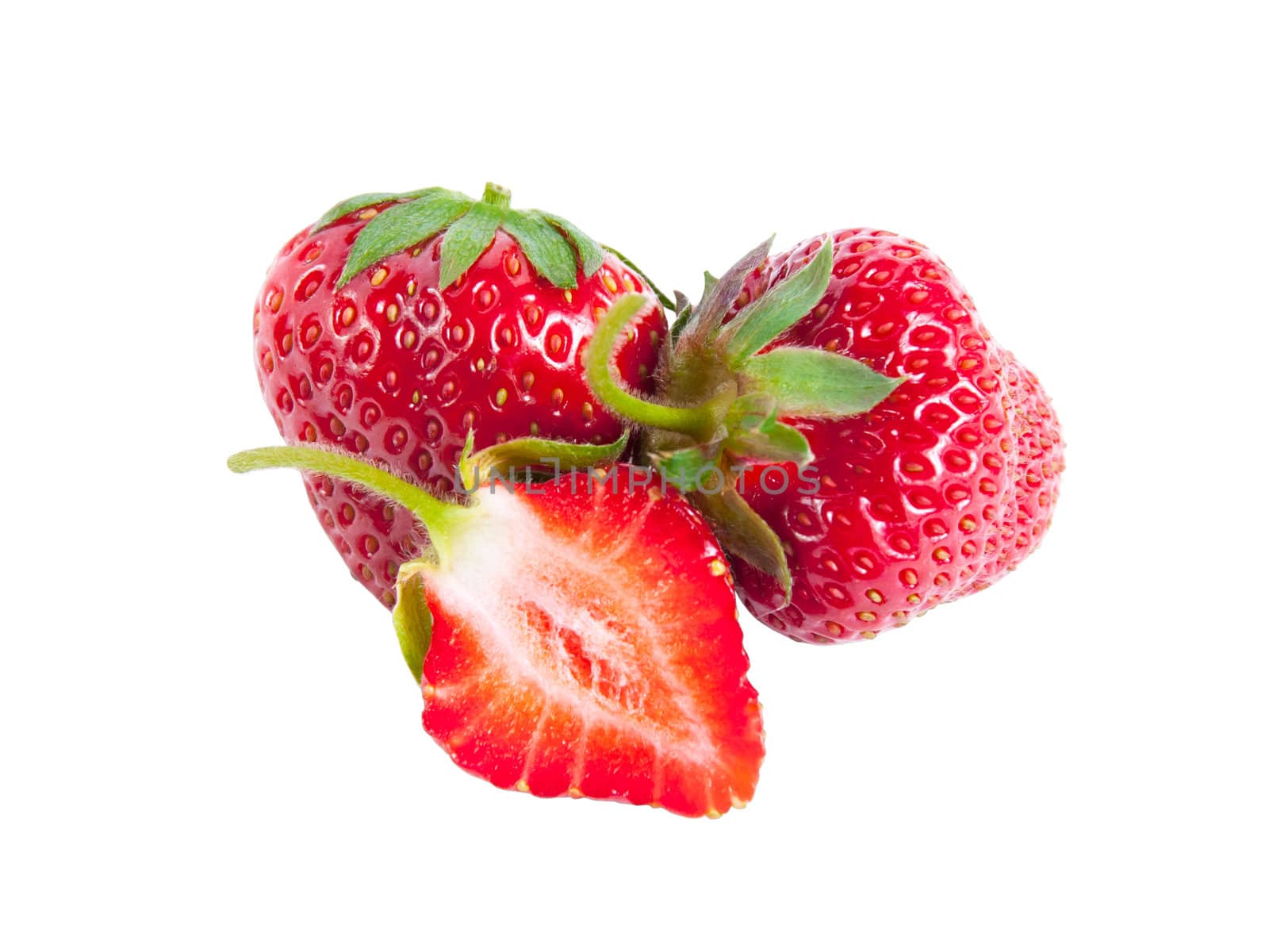 Whole and half strawberries isolated on white background