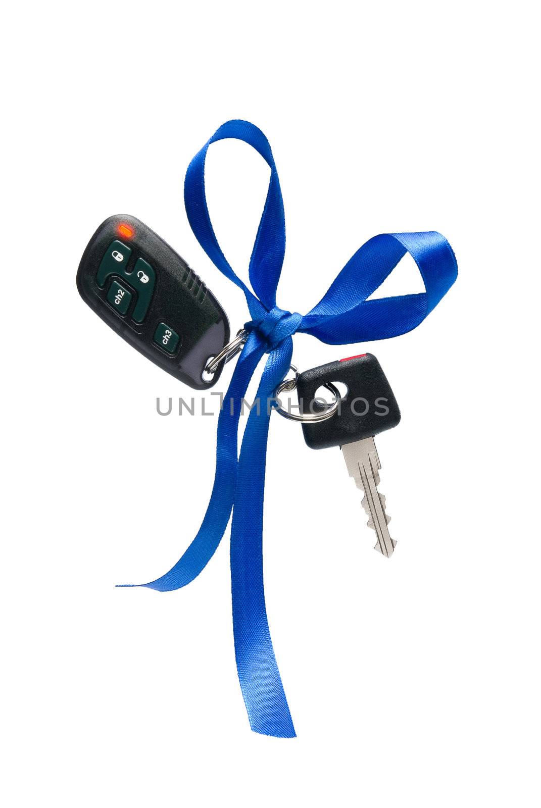 Car ignition key with security system, isolated on white