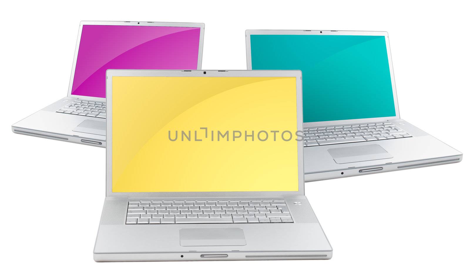 Three silver portable computers with multi-colored displays. Isolated on white. Front view. 