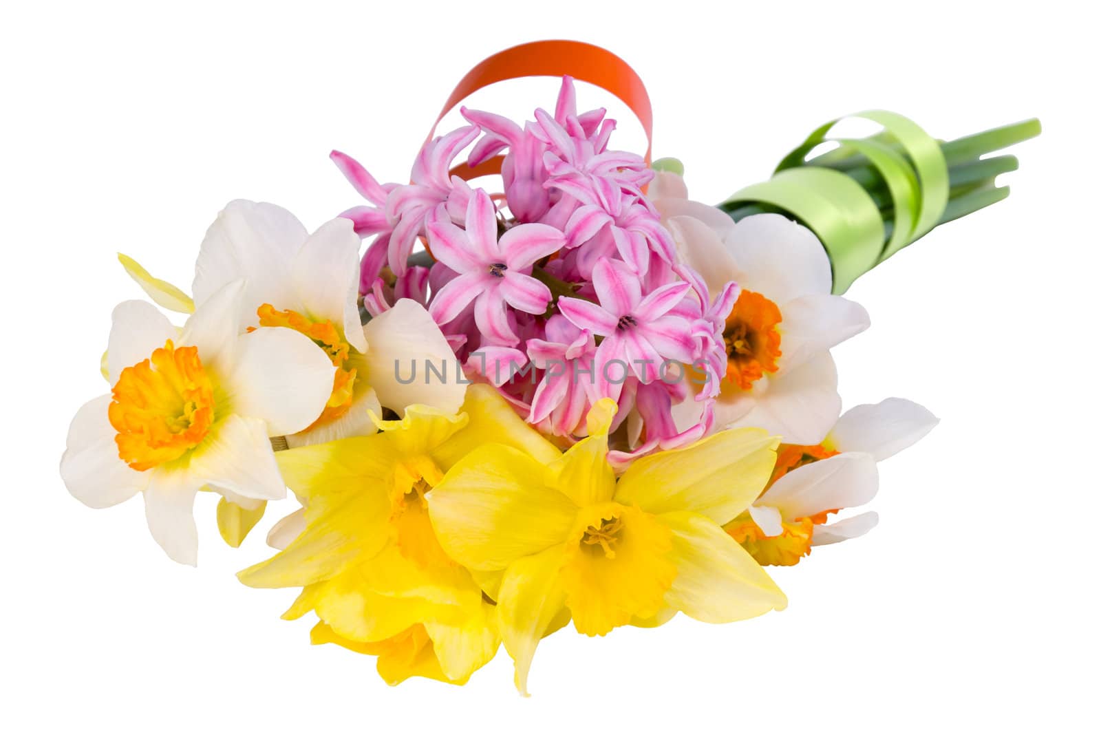 Bouquet of yellow and white narcissus, pink hyacinth with green and orange tape isolated on a white background