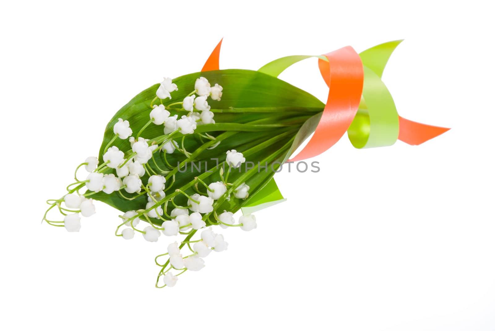 Bouquet of flowers lilies of the valley on leaf with color tape isolated white background