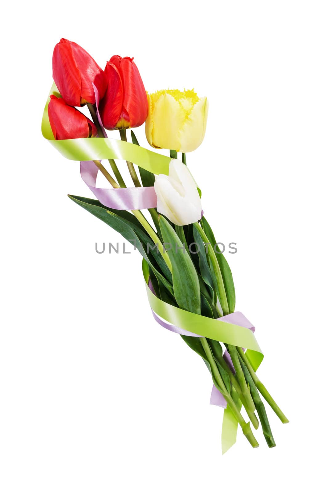 Beautyful bouquet of yellow, red and white tulips with tape isolated on a white background