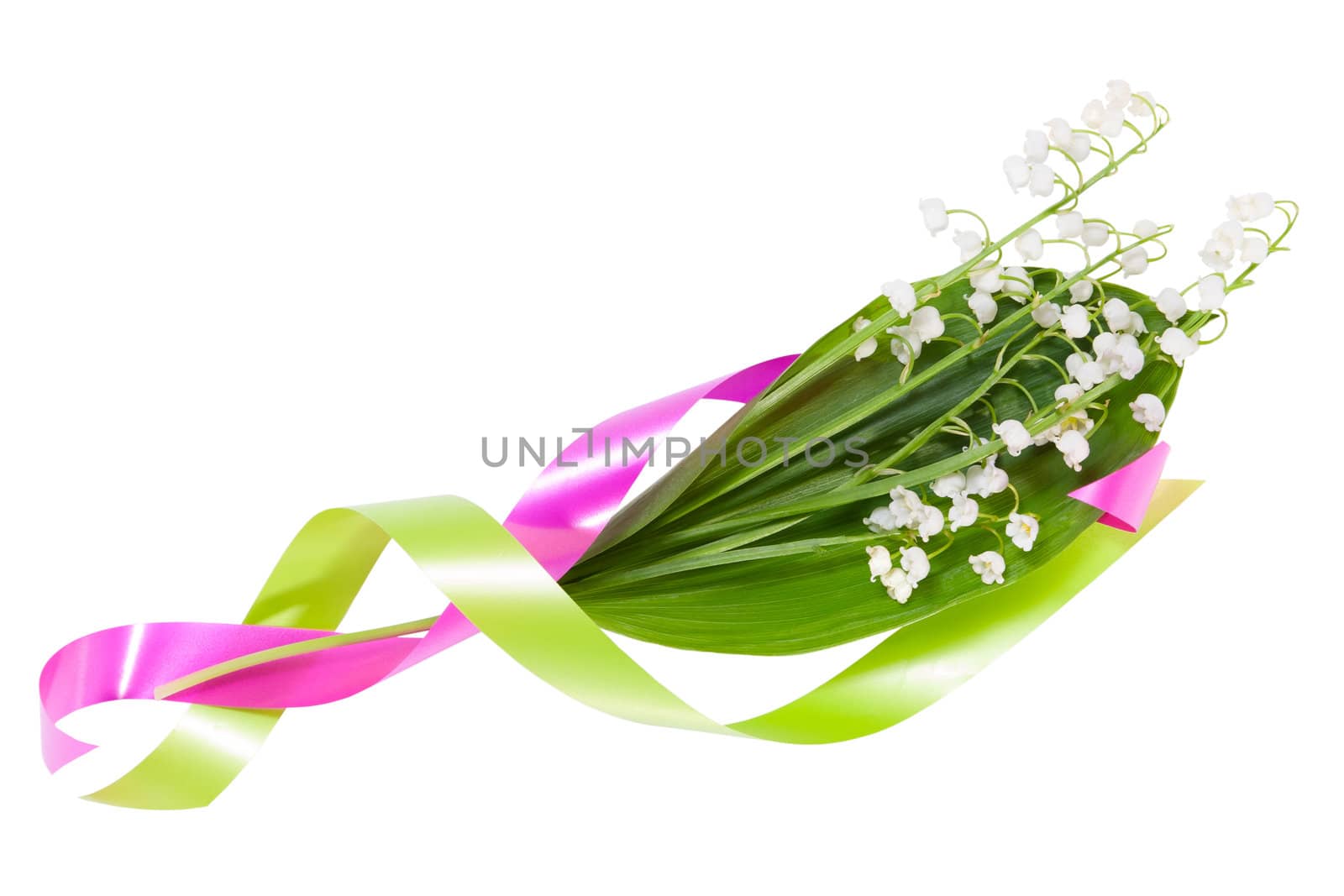 Bouquet of flowers lilies of the valley on leaf with color tape isolated white background