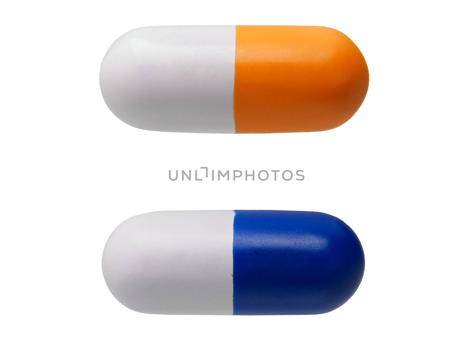 Two pill shaped anti-stress toys isolated on white background. 
