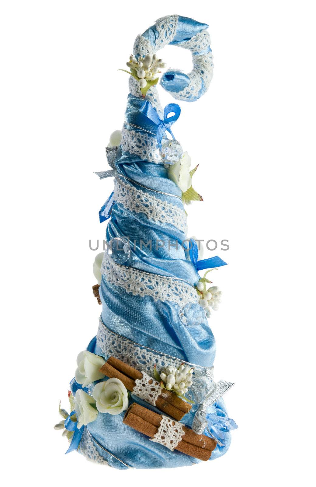 Group of artificial hand maded christmas trees isolated on white, decorated with flowers ornaments and ribbons
