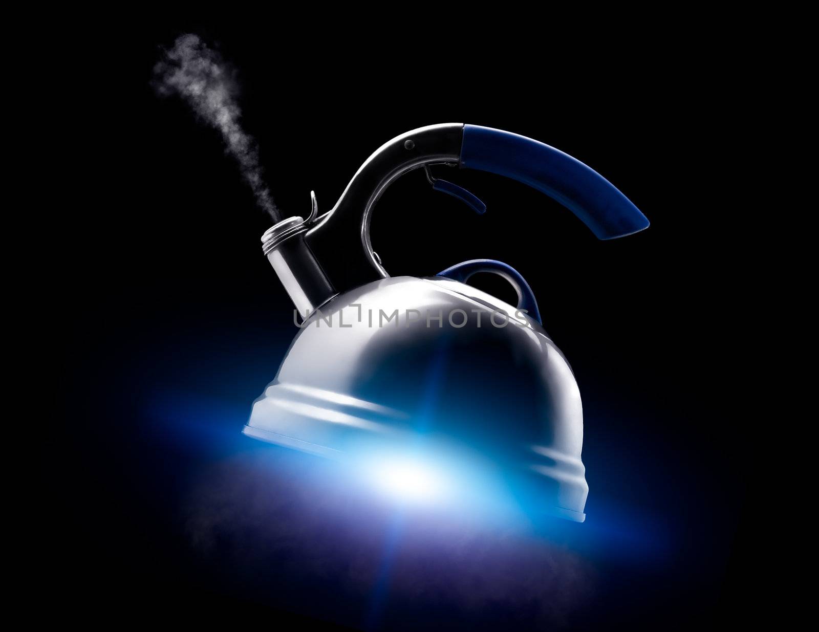 Tea kettle with boiling water on black background. Blue glow like from the spaceship's engine under the kettle.