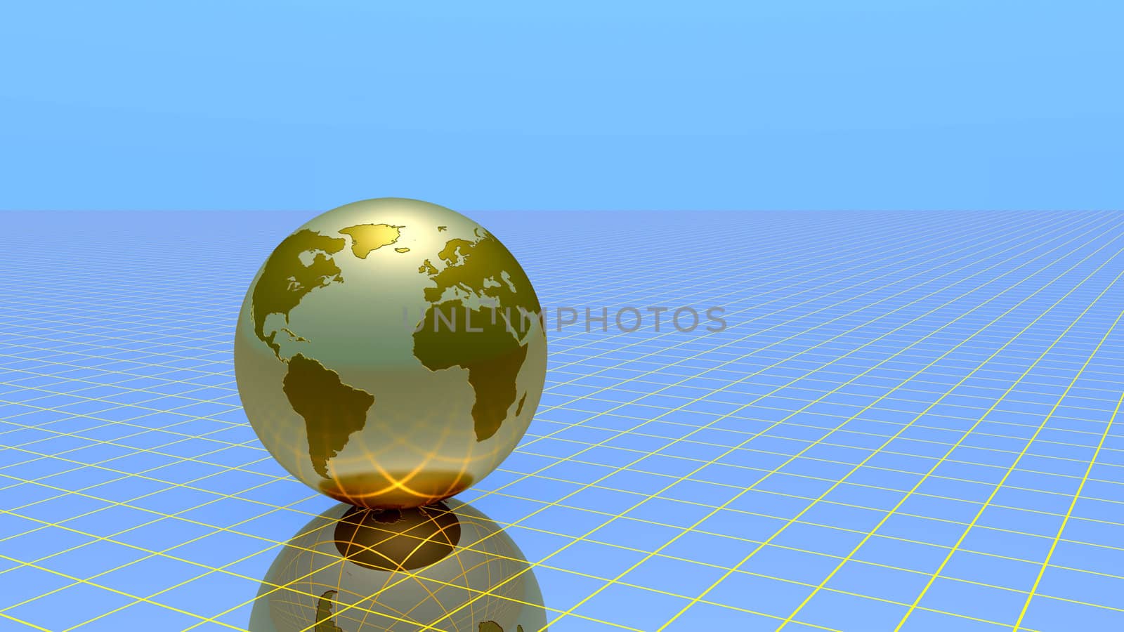Abstract globe over grid and sky, 3d illustration.